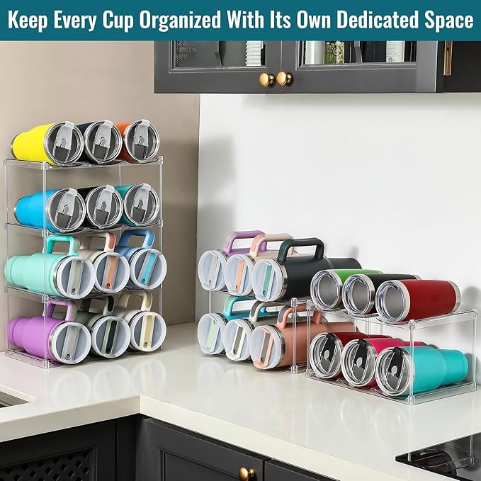 Design for Stanley 40 OZ & Large Bottles & Tumblers with Handle, Acrylic Water Bottle Organizer - Stackable Clear Wine Rack, Cup Holder for Home Kitchen Pantry Shelf Countertop Cabinet, 4 Tier Hold 12 MakeLifeBetterEasier