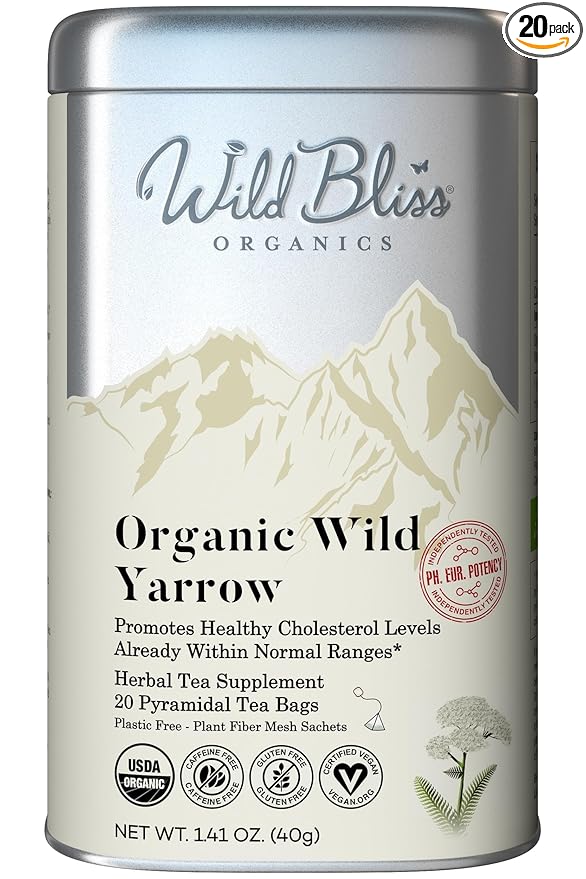 Wild Bliss Organic Yarrow Tea - Caffeine Free Herbal Tisane - Pharmacopoeia Potency - 20 Plant Based Tea Bags - Bloomnest