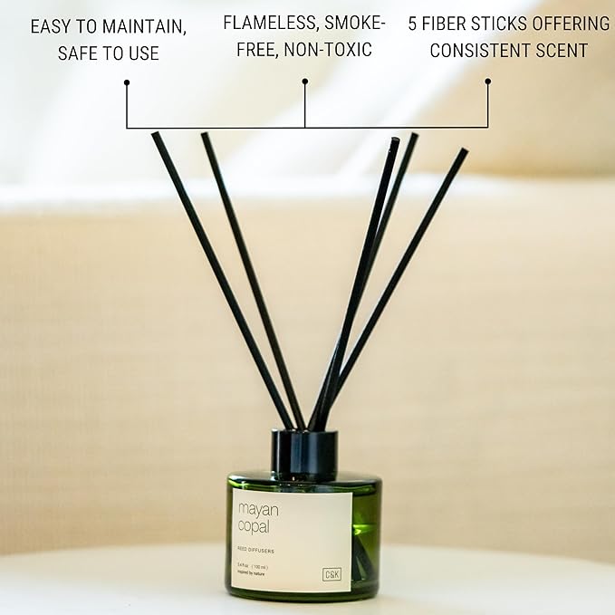 Craft & Kin Mayan Copal Reed Diffuser | All Natural Essential Oil & Rattan Scent Sticks | Winter Reed Diffusers for Home, Bathroom | Long Lasting Home Fragrance in Green Glass, 3.4oz CraftKin