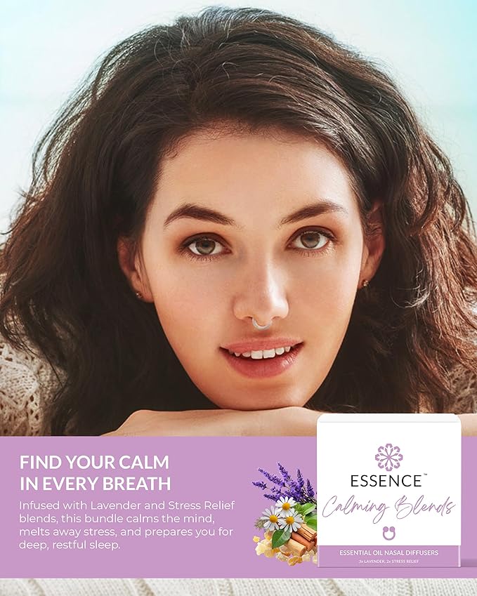 Essence Nasal Diffuser Calming Bundle – Aromatherapy Essential Oil Silicone Nose Rings for Stress & Sleep Support – Wearable Lavender & Stress Relief Blends for Relaxation & Nighttime Use - Bloomnest