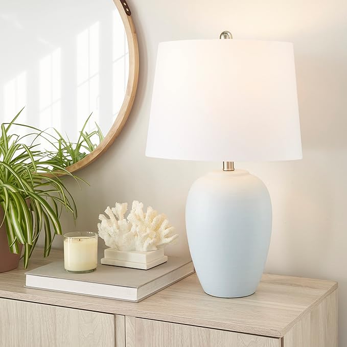 Nourison Home 23" Coastal Blue Ceramic Pot Table Lamp for Bedroom, Living Room, Dining Entryway, with White Shade - Bloomnest