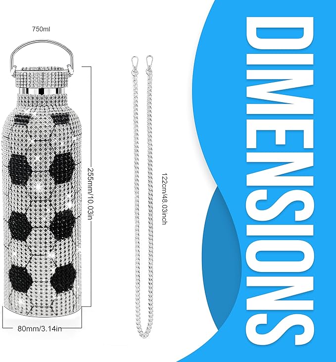 Liquid TuNes Soccer Bling Water Bottle Stainless Steel Thermal Bottle, Insulated Refillable Glitter Water Bottle with Chain, Great Gift Idea for Girls(500ml/16.9 oz) - Bloomnest