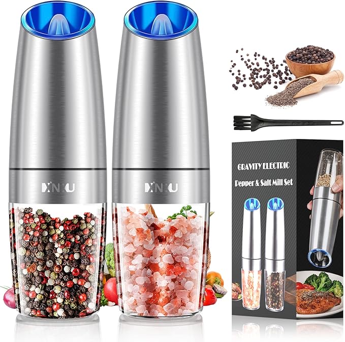 XinXu Gravity Electric Pepper and Salt Grinder Set, Adjustable Coarseness, with LED Light, One Hand Automatic Operation (Set/Silver X) - Bloomnest