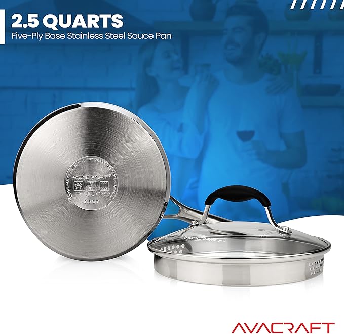 AVACRAFT Stainless Steel Saucepan with Glass Strainer Lid, Two Side Spouts for Easy Pour with Ergonomic Handle, Multipurpose Sauce Pot (5-Ply Capsule Bottom, 2.5 Quart) - Bloomnest