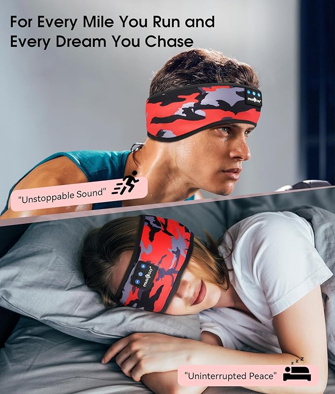 MUSICOZY Sleep Headphones Bluetooth 5.4 Headband, Wireless Earphones Music Sleep Earbuds Sleeping Eye Mask with HD Stereo Speakers for Workout Running Travel Yoga, Ideal Gifts (Black Red) - Bloomnest