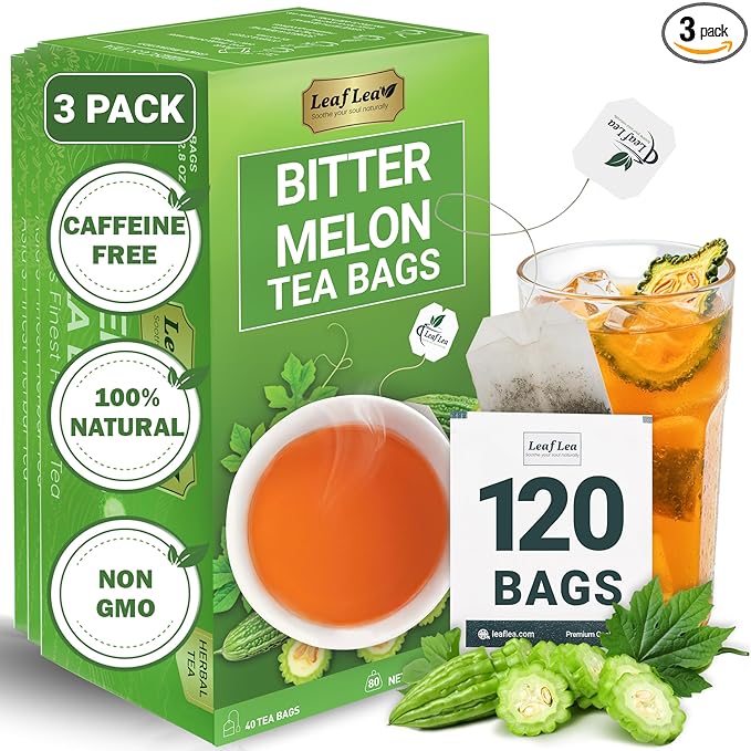 LeafLea 120 Bitter Melon Tea Bags, 100% Pure Bitter Melon Fruit. Supports Wellness and Digestion | Caffeine-Free, Sugar-Free, Vegan, Pack of 3 - Bloomnest