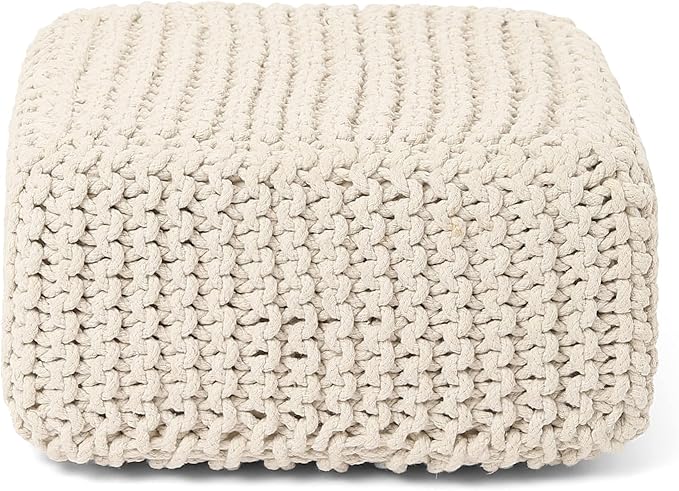 REDEARTH · Cube Low Pouf Foot Stool Ottoman - Hand Knitted Poof - Cord Boho Pouffe - Home Décor - Stuffed Footrest for Living Room - Nursery - Bedroom - Covered Patio - Room (16" x 16" x 8") - Ivory - Bloomnest