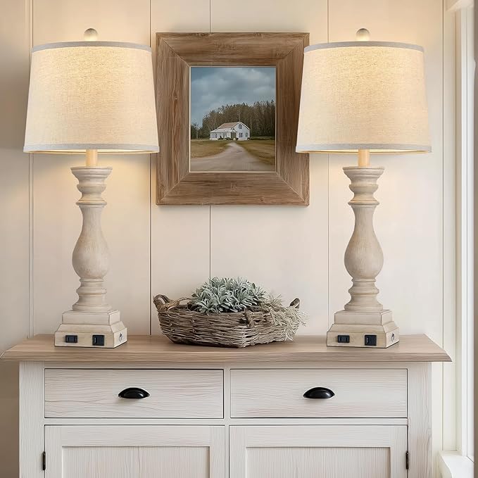28" Farmhouse Table Lamps Set of 2 with USB C+A Ports and AC Outlet, 3 Way Touch Tall Vintage Bedside Lamp for Living Room, Beige Rustic Nightstand Lamp for Bedroom Office - Bloomnest
