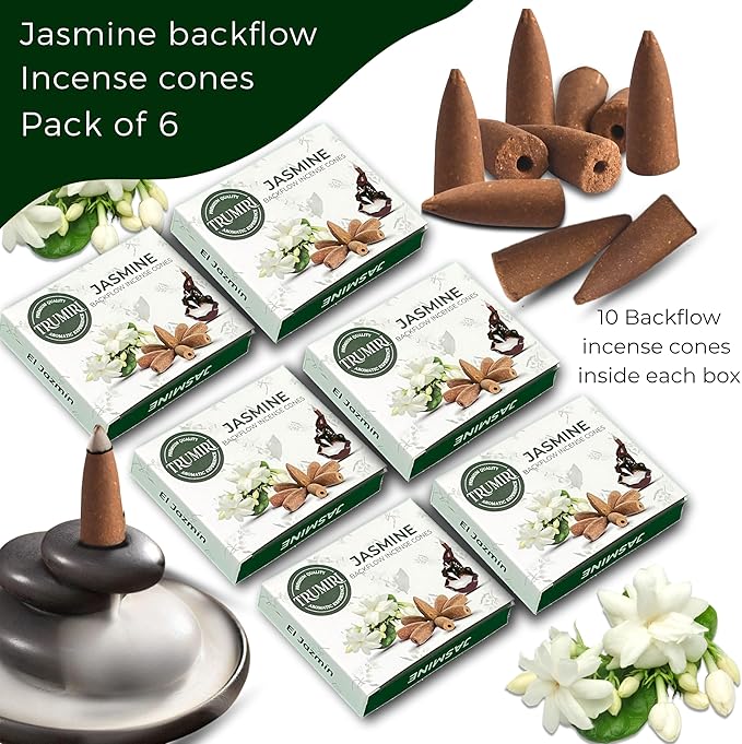 Jasmine Backflow Incense Cones - 60 Cones, Six Packs of 10 - Waterfall Effect TRUMIRI