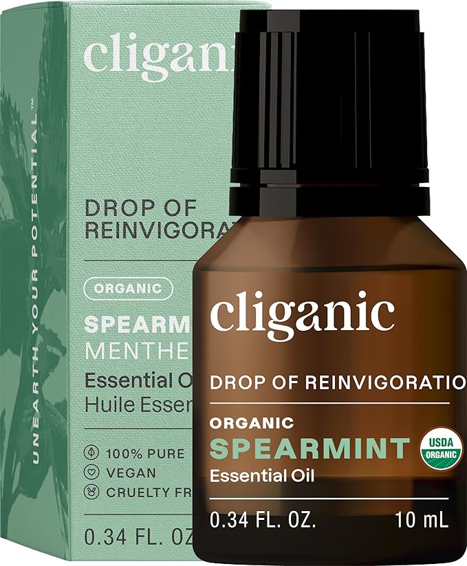 Cliganic USDA Organic Spearmint Essential Oil, 100% Pure Natural Undiluted, for Aromatherapy (10ml) | Non-GMO Verified (Packaging May Vary) Cliganic