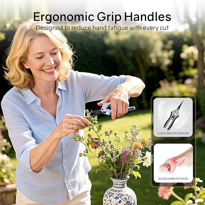 6.5" Ultra Sharp Pruning Shears, 2-Pack Garden Scissors with Stainless Steel Blades, Ergonomic Grip, Rust Resistant, Safety Lock, Trimming Scissors for Plants (1pc Straight & 1pc Curved) - Bloomnest