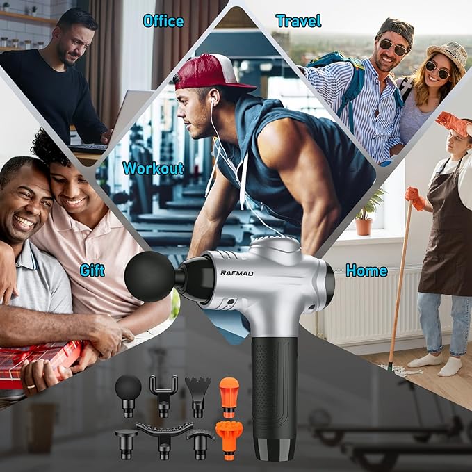 RAEMAO Massage Gun, Handheld Electric Deep Tissue Muscle Massager for Athletes for Pain Relief Attaching 8 Replacement Heads, Percussion Massager with 10 Speeds, Father's Day Gifts, Silver - Bloomnest