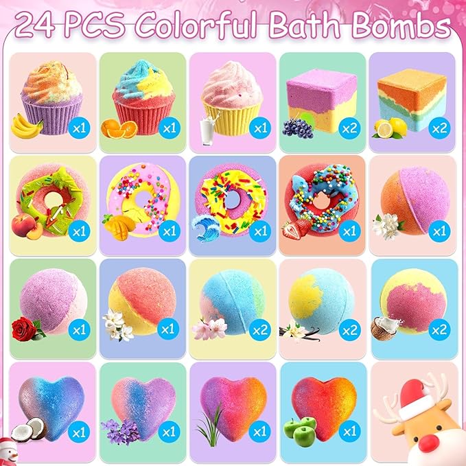 Bath Bombs Advent Calendar 2025 Kids with Surprise Toys Inside 24 Days of Christmas Countdown Calendar Donut Cupcake Bath Bombs Set Birthday Christmas Gifts for Kids Girls - Bloomnest