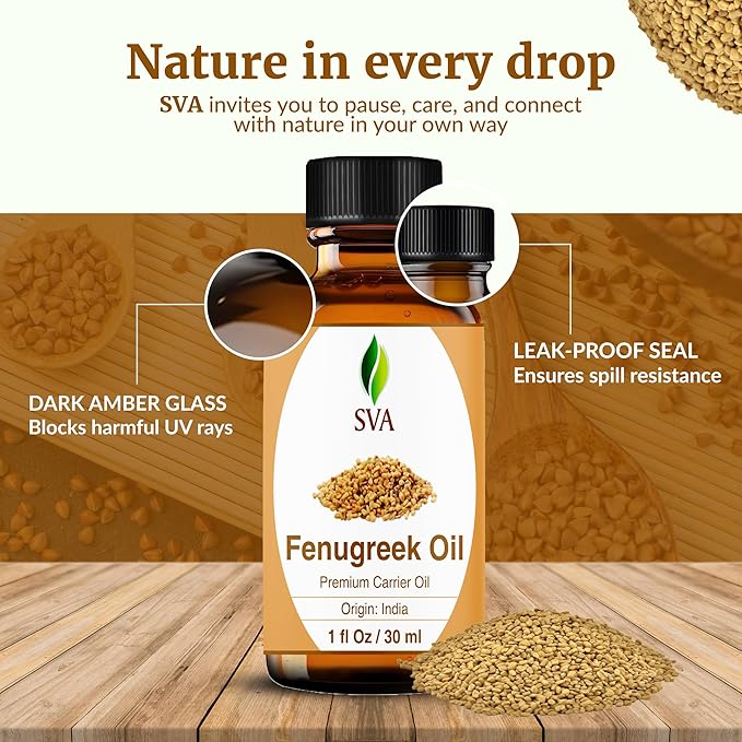 SVA Fenugreek Seed Oil - 1 Fl Oz – 100% Natural Cold Pressed Fenugreek Oil - for Face, Skin Care, Hair Care, Scalp Massage & Body Massage – Carrier Oil with Dropper - Bloomnest