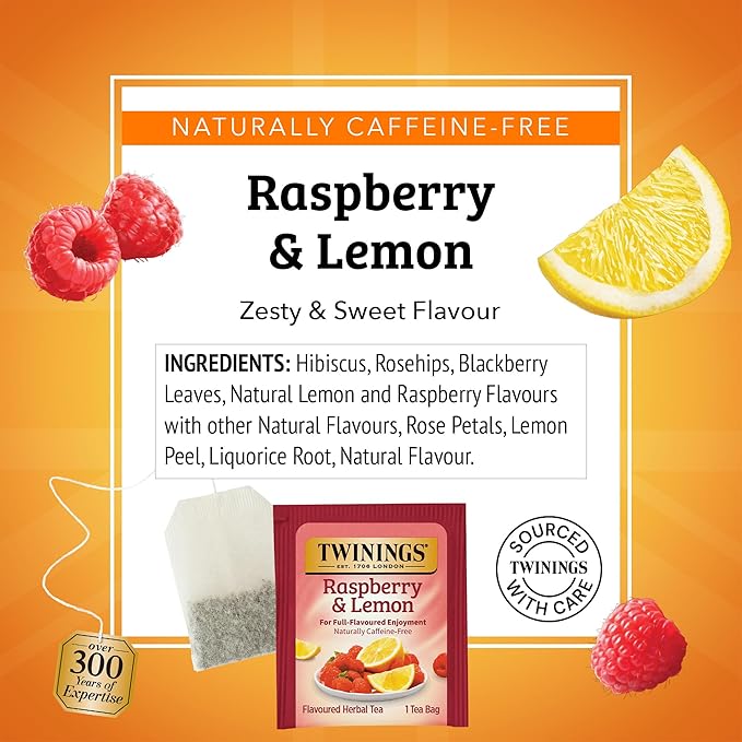 Twinings Raspberry & Lemon Herbal Tea Individually Wrapped Bags, 20 Count (Pack of 6), Fruity & Zesty, Naturally Caffeine-Free, Enjoy Hot or Iced, 120 Teabags - Bloomnest