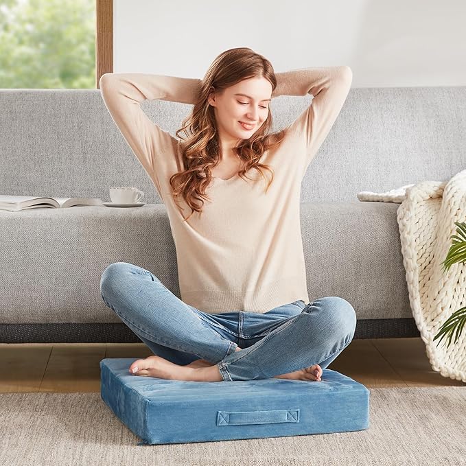 Codi High Density Foam Floor Pillow 2 Sets, Large Meditation Cushions Seating for Adults and Yoga Sitting, Washable Thick Couch Cushion with Soft Tufted Covers - 22 inch Blue