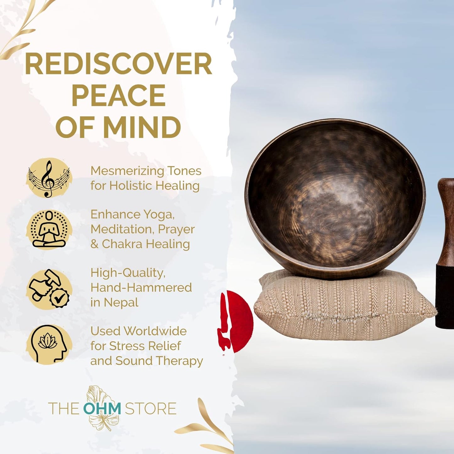 Large Tibetan Singing Bowl Set by Ohm Store — Saturn Pure Bronze Meditation Sound Bowl 9 Inches, 2 Mallets and a Cushion — Handcrafted Nepali Sound Bath Instrument (Saturn)