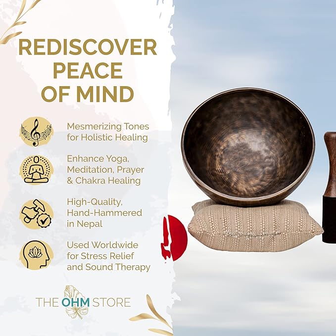 Large Tibetan Singing Bowl Set by Ohm Store — Saturn Pure Bronze Meditation Sound Bowl 9 Inches, 2 Mallets and a Cushion — Handcrafted Nepali Sound Bath Instrument (Saturn) - Bloomnest