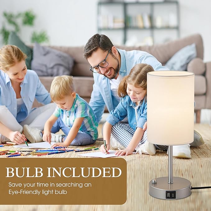 Briever Touch Control Table Lamp for Bedroom, 3-Way Dimmable Nightstand Lamp with USB Charging Ports, Bedside Desk Lamp with Silver Base Phone Stand & Linen Fabric Shade, Bulb Included - Bloomnest