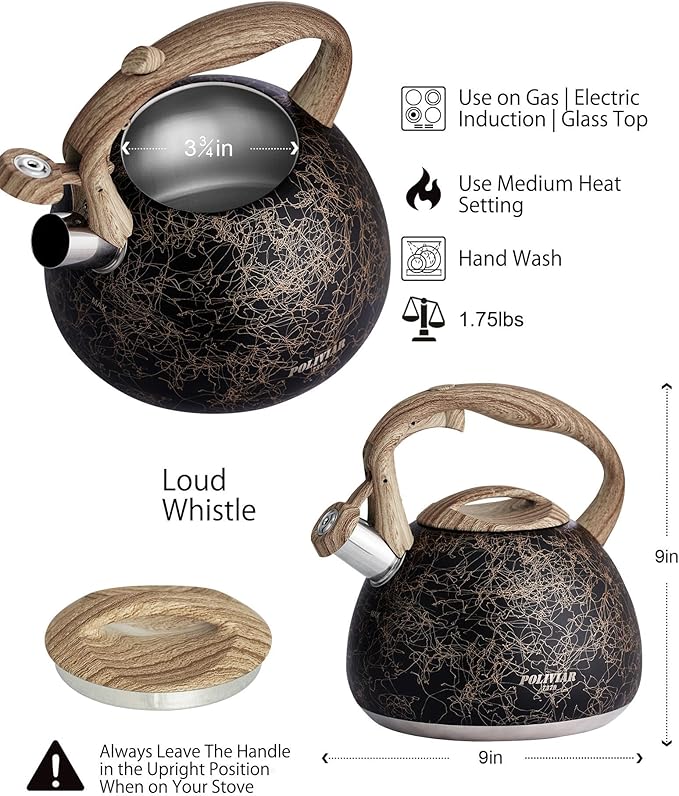 POLIVIAR Tea Kettle, Iron Grey Tea Pot Stovetop, 2.7 Quart Loud Whistling Coffee and Teapot, Food Grade Stainless Steel for Anti-Hot Handle and No-Rust, Suitable for All Heat Sources (JX2020-RB30) - Bloomnest