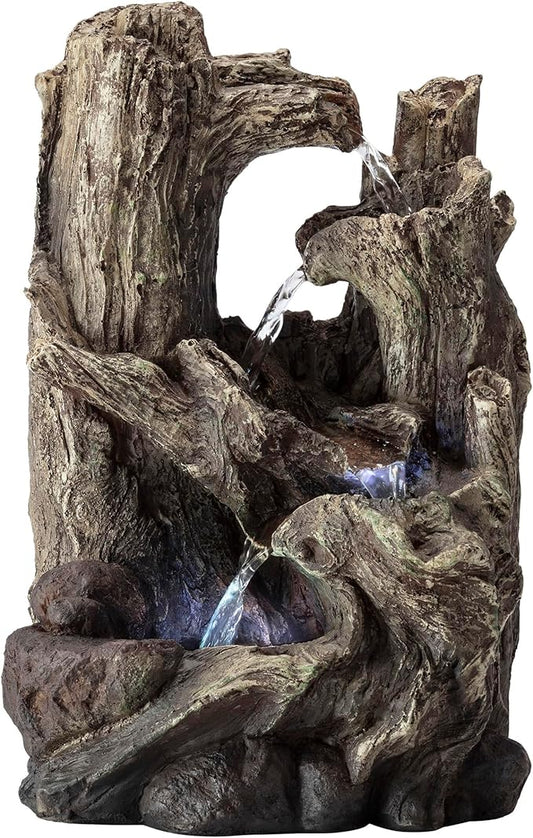 Alpine Corporation WIN786S Indoor 5 Tiered Rainforest Tree Trunk Tabletop Waterfall Fountain with LED Lights, 14" Tall, Brown - Bloomnest