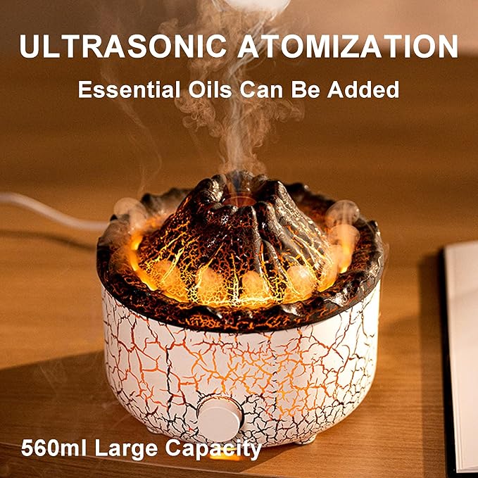 Aromatherapy Essential Oil Diffuser, 560ml Ultrasonic Cool Mist Diffuser/Humidifier with Flame & Volcano 2 Mist Mode, for Bedroom,Office,Home, Auto Shut-Off, Remote Control, Gift (White) - Bloomnest