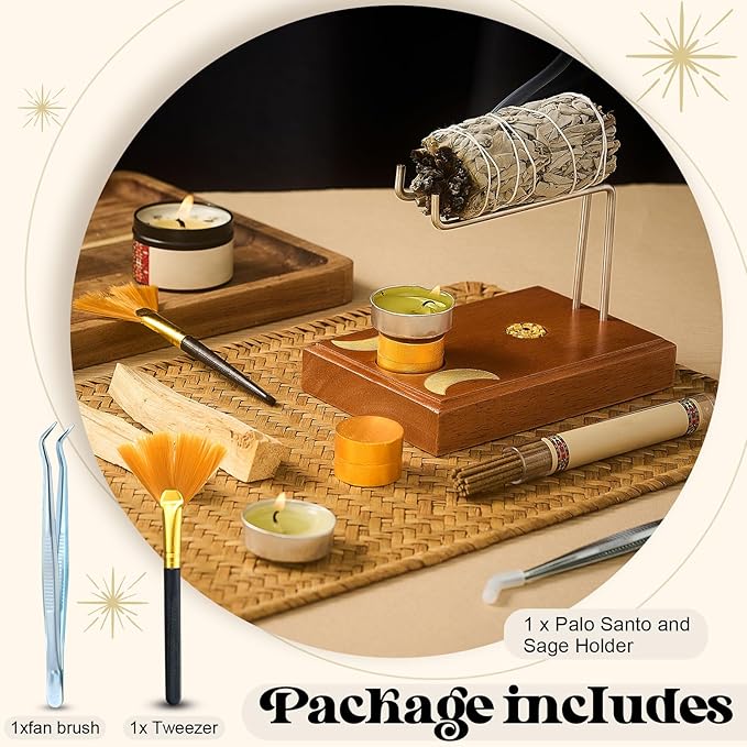 4 in 1 Palo Santo and Sage Holder, Incense Sticks and Candle Holder with 4 Wooden Cylindrical Bases, Natural Wood Burner Bowl for Yoga Meditation Spirituality Enthusiasts Thanksgiving Gift DoubleFill