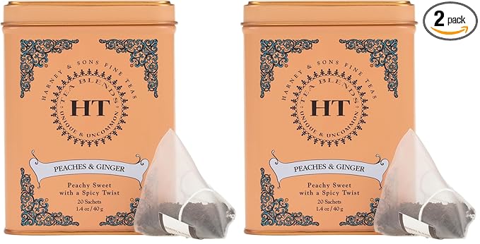Harney & Sons Peaches & Ginger Black Tea, 20ct sachet tin (Pack of 2) - Bloomnest