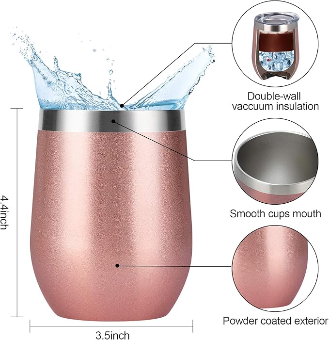 6 Pack Stainless Steel Wine Tumblers, 12Oz Insulated Wine Tumbler, Double Wall Insulated Wine Glass, Stainless Steel Stemless Wine Cups with Lids for Coffee, Wine, Cocktails, Champaign, Rose Gold… - Bloomnest