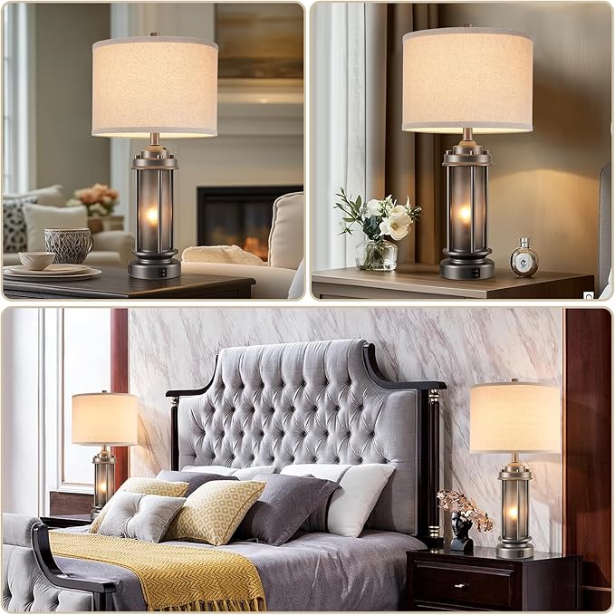 Industrial Metal Table Lamps Set of 2 Living Room Bedroom, 2 USB Ports Bedside Lamp with Glass Nightlight, Modern Desk Lamp for Entryway Office End Table, 4 Bulbs Included - Bloomnest