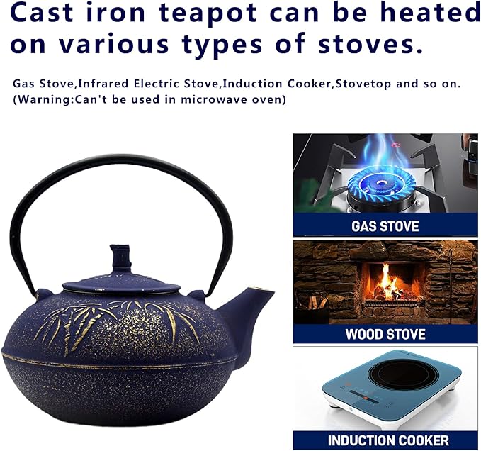 YJX 84.6oz/2500ml Big Cast Iron Tea Kettle for 5 to 8 Persons, Teapot with Stainless Steel Infuser, Cast Iron Teapot with Enamel Interior for Stovetop Safe (2500ml Purple Teapot with Bamboo Pattern) - Bloomnest