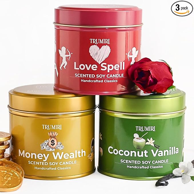 Love Spell, Money Wealth, Coconut Vanilla - Soy Candles Non Toxic - Highly Scented Long Lasting with Essential Oils - Variety Pack of 3 x 5oz - for Home Aromatherapy Meditation Gift Travel TRUMIRI
