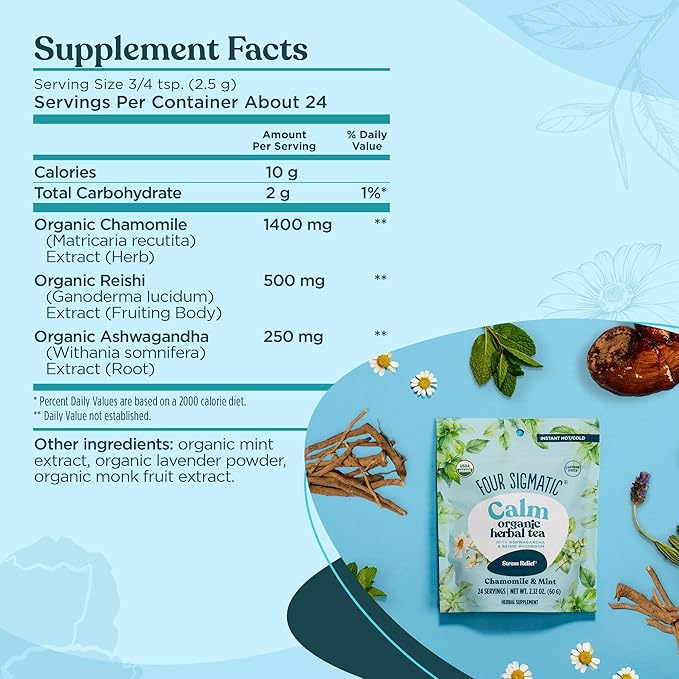Four Sigmatic Calm Organic Herbal Tea | Stress Relief Tea with Ashwagandha & Reishi | Instant Adaptogenic Drink for Relaxation | Vegan, Gluten-Free | Chamomile & Mint, 24 Servings - Bloomnest
