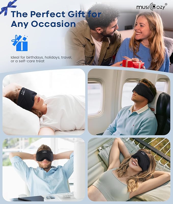 MUSICOZY Bluetooth Sleep Headphones 5.4, Wireless Over-Ear Headphones with Built-in HD Stereo Speakers, Cooling Eye Mask Design, 14H Playtime, Washable, for Side Sleepers, Travel & Relaxation - Bloomnest