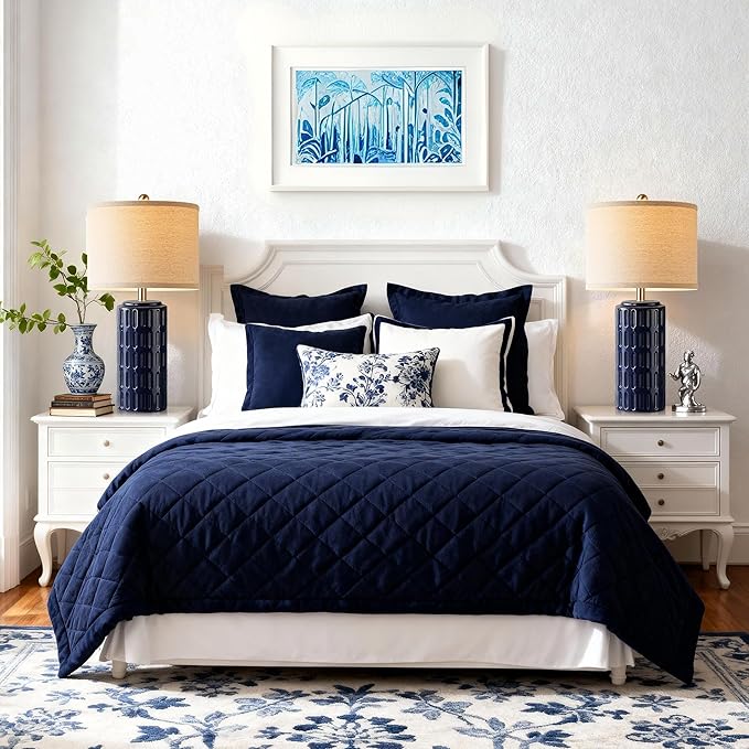 PARTPHONER 23" Farmhouse Modern Ceramic Table Lamp Set of 2 - Navy Blue Bedside Lamps for Bedroom & Living Room, Nightstand, Desk, End Table - Bloomnest