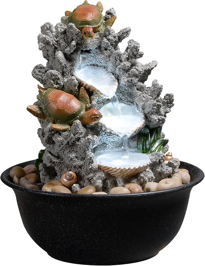 Indoor Tabletop Turtle Water Fountain with LED Light – Coastal Sea Life Desk Waterfall Feature with Soothing Sounds and River Rocks, Ocean Zen Decor for Home Office - Bloomnest