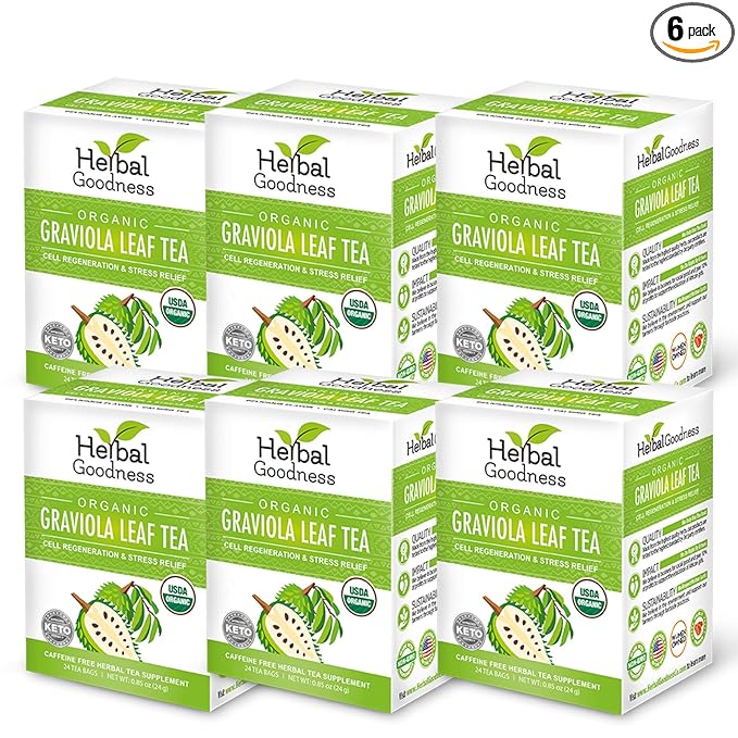 Graviola Leaf Tea - 144 Tea Bags - Hojas De Guanabana Organica Tea, Pure Organic Soursop Leaves, Rich In Antioxidant, Perfect For Immune Health, Digestion, Cell Regeneration & Heart Health - 6 Pack - Bloomnest