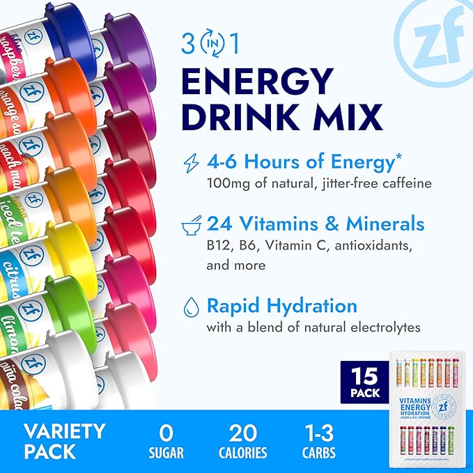 Zipfizz Daily Energy Drink Powder, Variety Pack, 15 Pack | 3-in-1 Sustained Energy, Rapid Hydration, and Essential Vitamins | Sugar-Free | Electrolyte Powder | Contains Vitamin B-12 & Antioxidants - Bloomnest