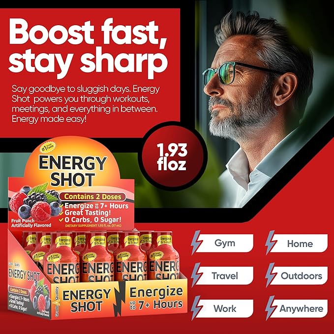 Fruit Punch Extra Strength Energy Shot 48 pk – 260mg Natural Caffeine B12 B6 – Energy & Focus Support – 2 Servings Sugar Free Zero Calorie Green Tea B-Vitamins Electrolytes Vegan – 1.93 fl oz - Bloomnest