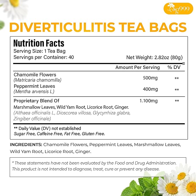 TOG999, Diverticulitis Tea Bags | 40 Count | 100% Natural Chamomile, Peppermint, Marshmallow Leaf, Wild Yam Root, Licorice & Ginger Herbal Blend – Caffeine-Free Comfort Tea, Vegan. - Bloomnest