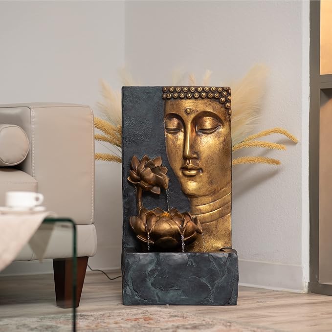 XBrand 30" Indoor/Outdoor Buddha Face Water Fountain with LED Light and Pump Zen Decor for Home, Office, Garden, and Patio