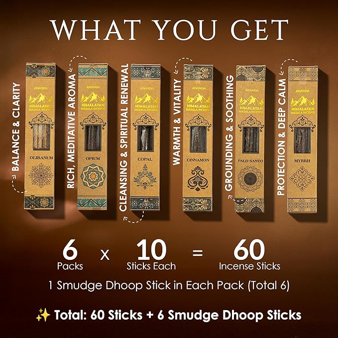 Himalayan Smudge Incense – 6 Fragrant Scents: Palo Santo, Copal, Myrrh, Cinnamon, Opium, Olibanum | 60 Sticks + 6 Dhoop | Masala Blend with Resins, Herbs & Essential Oils | Handcrafted Rushant