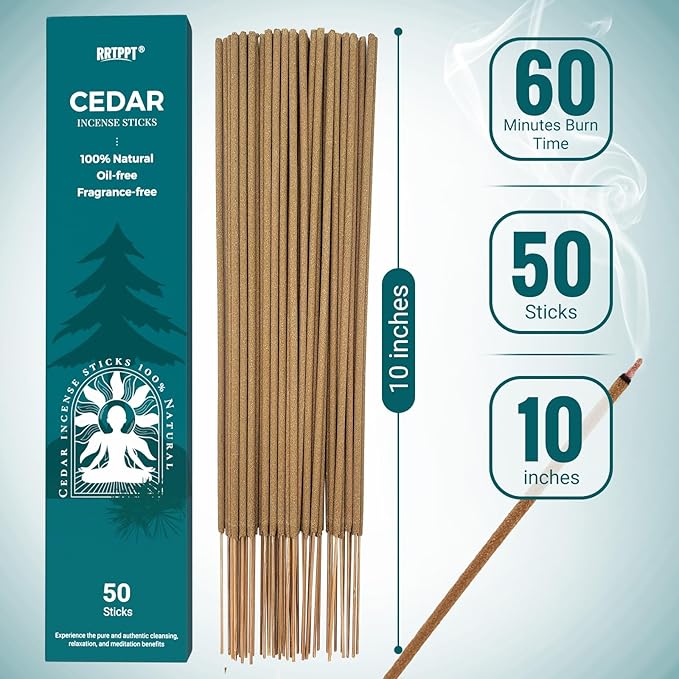 Cedar Incense Sticks (50 Sticks), 100% Natural sustainably harvested Cedar, Suitable for Yoga, Meditation, Relaxation, and Spiritual Purification RRTPPTCitronellaIncense