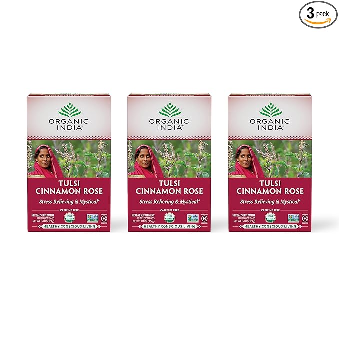 ORGANIC INDIA Tulsi Cinnamon Rose Tea - Tulsi Rose Tea Bags, Cinnamon Tea Bags w/Holy Basil, Chamomile, Caffeine Free - 18 Infusion Bags, 3 Pack - Bloomnest