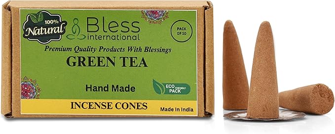 Bless International Green-Tea 100%-Natural-Incense-Cones Handmade-Hand-Dipped Organic-Chemicals-Free for-Purification-Relaxation-Positivity-Yoga-Meditation The-Best-scents (10 Count)