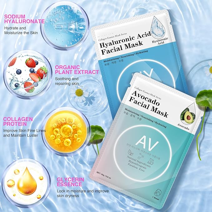 VESPRO Collagen Essence Sheet Facial Masks (48 Pack), Bulk Sheet Masks for Face, Skincare for All Skin Types, Moisturizing and Soothing, Natural Skin Care Spa Face Mask - Bloomnest