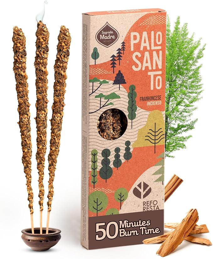 Sagrada Madre 4pcs Wildly Harvested Palo Santo Incense Sticks (Frankincense), 6.7” Long - Non-Toxic, Aromatic Incense Sticks (50 min Approx. Burning Time) to Heal & Calm Your Body and Environment SagradaMadre