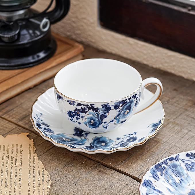 ceramic tea cup and saucer set of 4,floral teacup sets for Coffee, Latte, Cafe Mocha and Tea (Dark blue flowers) - Bloomnest