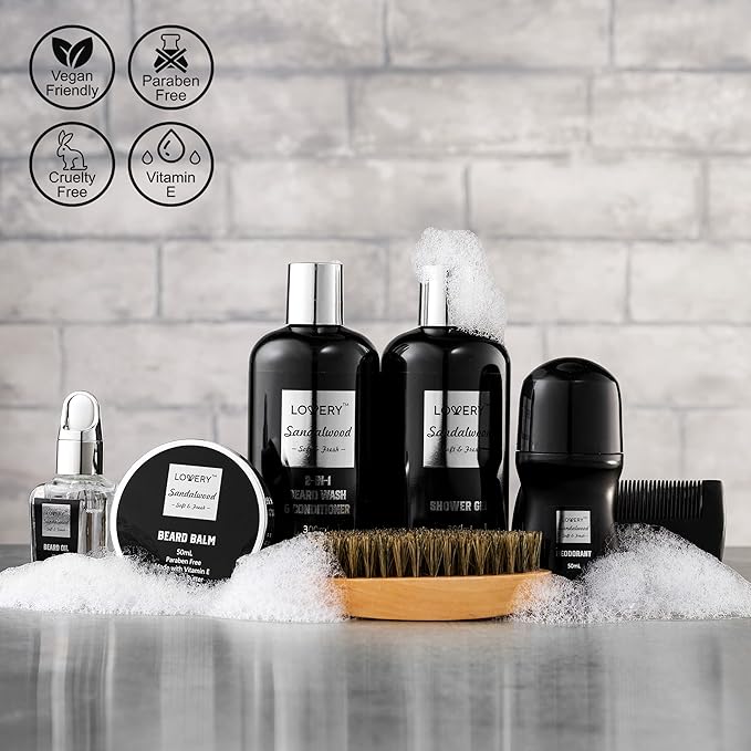 Gifts for Men, Valentines Day Gifts for Him Body And Wash Gift Set Beard Kit and Body Care, Sandalwood Spa Baskets, Bath and Beard Grooming Kit, for Husband, Dad, Beard Balm Growth Oil