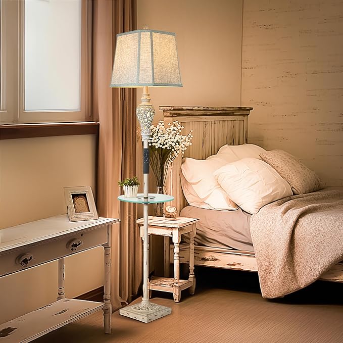 Rustic Floor Lamp, Living Room Lamps with Glass Tray, stepless diming Floor Lamp with Remote Control and USB A&C Charging Ports for Living Room Bedroom Office Smart Bulbs Included - Bloomnest